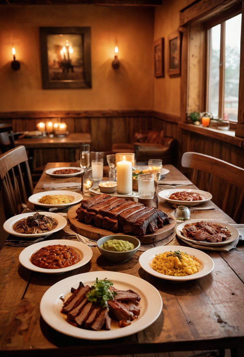 A cozy, candlelit table set in a rustic Texas-style restaurant, featuring a mouthwatering spread of traditional Texas cuisine such as BBQ ribs, brisket, and Tex-Mex dishes. Soft, warm light illuminating the textures of the food and the warmth of the wooden decor, enhancing a romantic ambiance. A couple sharing laughter and enjoying their meal, with hints of heart-shaped decorations in the background. super-realistic. warm colors. inviting atmosphere.