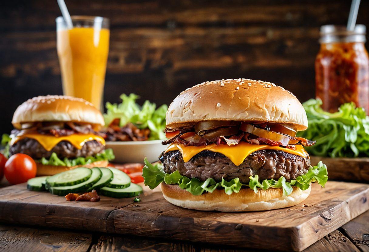 A mouth-watering Texas-style burger, layered with juicy beef, melted cheddar, and crispy bacon, served on a rustic wooden table. Surrounding the burger are vibrant garnishes like fresh lettuce, ripe tomatoes, and pickles, with a backdrop of a cozy Texas diner. A couple sharing a moment of joy, with hearts subtly illustrated in the clouds above. The scene should evoke love and warmth. super-realistic. vibrant colors. rustic style.