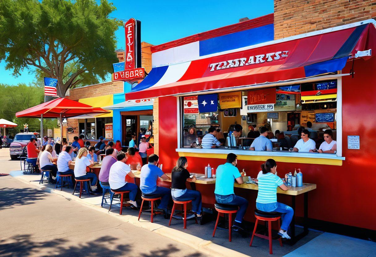 A bustling Texas diner scene featuring families enjoying hearty burgers at colorful booths, contrasted with a stylish artisan burger food truck offering gourmet options. Vibrant Texas flags and signs can be seen, with a sunny outdoor patio filled with happy patrons. Capture the essence of Texas cuisine with a blend of rustic and modern elements. bright colors. 3D realism. lively atmosphere.
